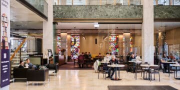 At Bookplate, café goers can soak up the views of Lake Burley Griffin and Leonard French’s iconic stained-glass windows.