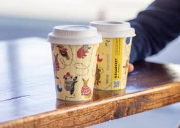 This year's BioCups feature a QR code so consumers can donate directly to OzHarvest.