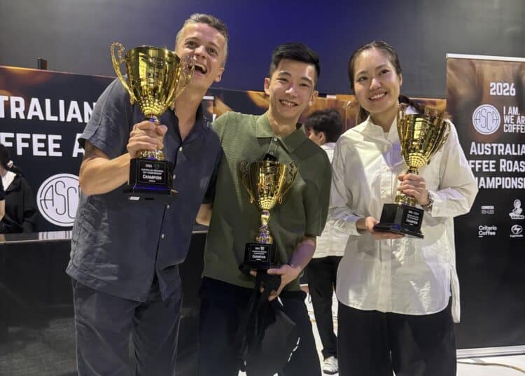2026 ASCA National Specialty Coffee Champions Simon Gautherin, Gabrel Tan, and Amy Zhang.