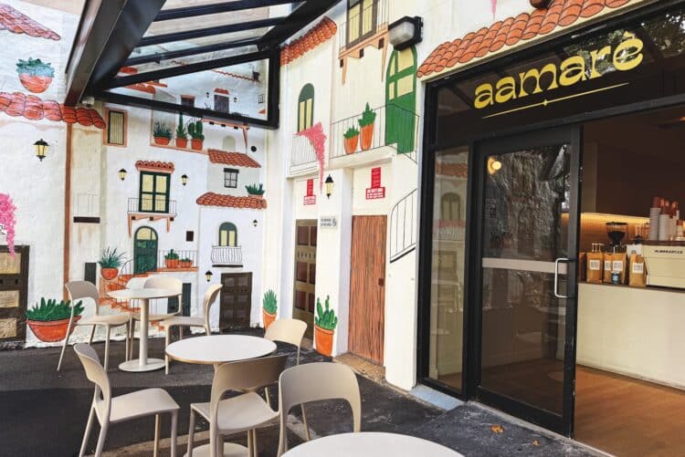 Aamare’s outdoor area features an ornate mural of Italian-style balconies.