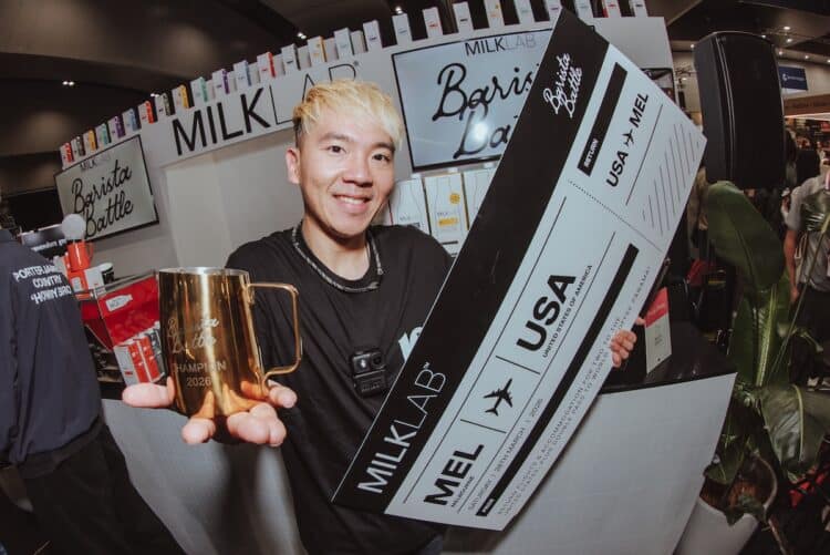 Australia's Tsung Han (Zone) Lee won the golden jug at the MILKLAB Barista Battle as the International Champion. Image: MILKLAB