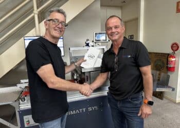 Chosen Bean Director Stephen Coster with Trimatt Systems Founder Matt Johnson on the day of his ColourStar AQ install. Image: Prime Creative Media.